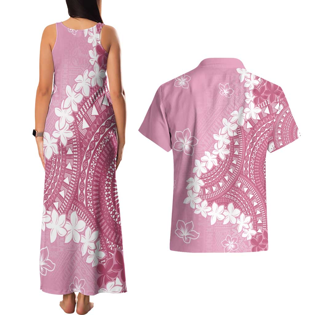Bula Fiji Women's Day Couples Matching Tank Maxi Dress and Hawaiian Shirt Pink Masi Tapa