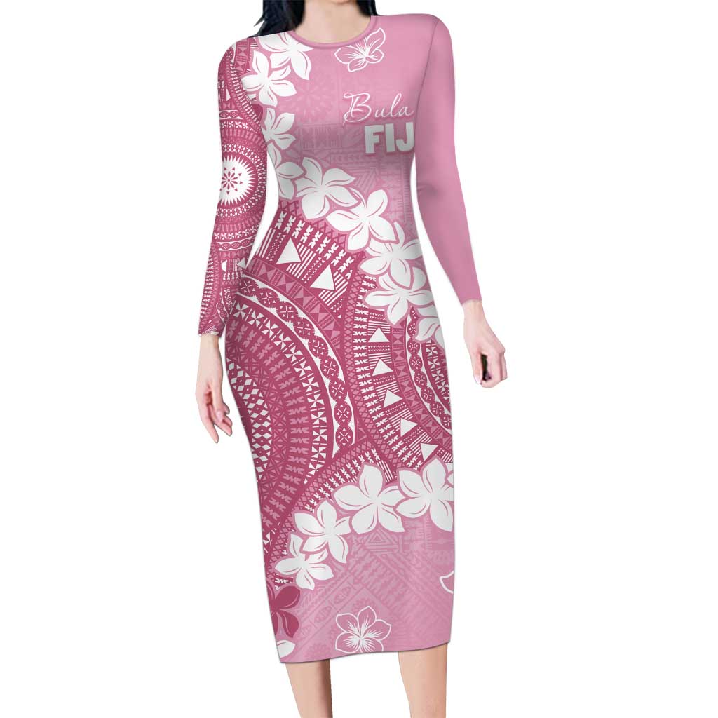 Bula Fiji Women's Day Family Matching Long Sleeve Bodycon Dress and Hawaiian Shirt Pink Masi Tapa