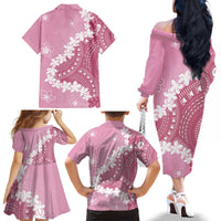 Bula Fiji Women's Day Family Matching Off The Shoulder Long Sleeve Dress and Hawaiian Shirt Pink Masi Tapa