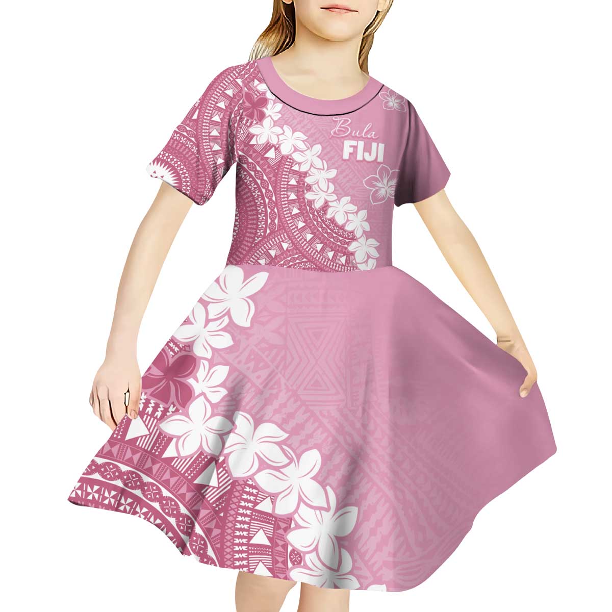 Bula Fiji Women's Day Kid Short Sleeve Dress Pink Masi Tapa