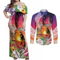 Polynesian Dreamy Turtle Couples Matching Off Shoulder Maxi Dress and Long Sleeve Button Shirt Sunset Scenery LT7 Art - Polynesian Pride