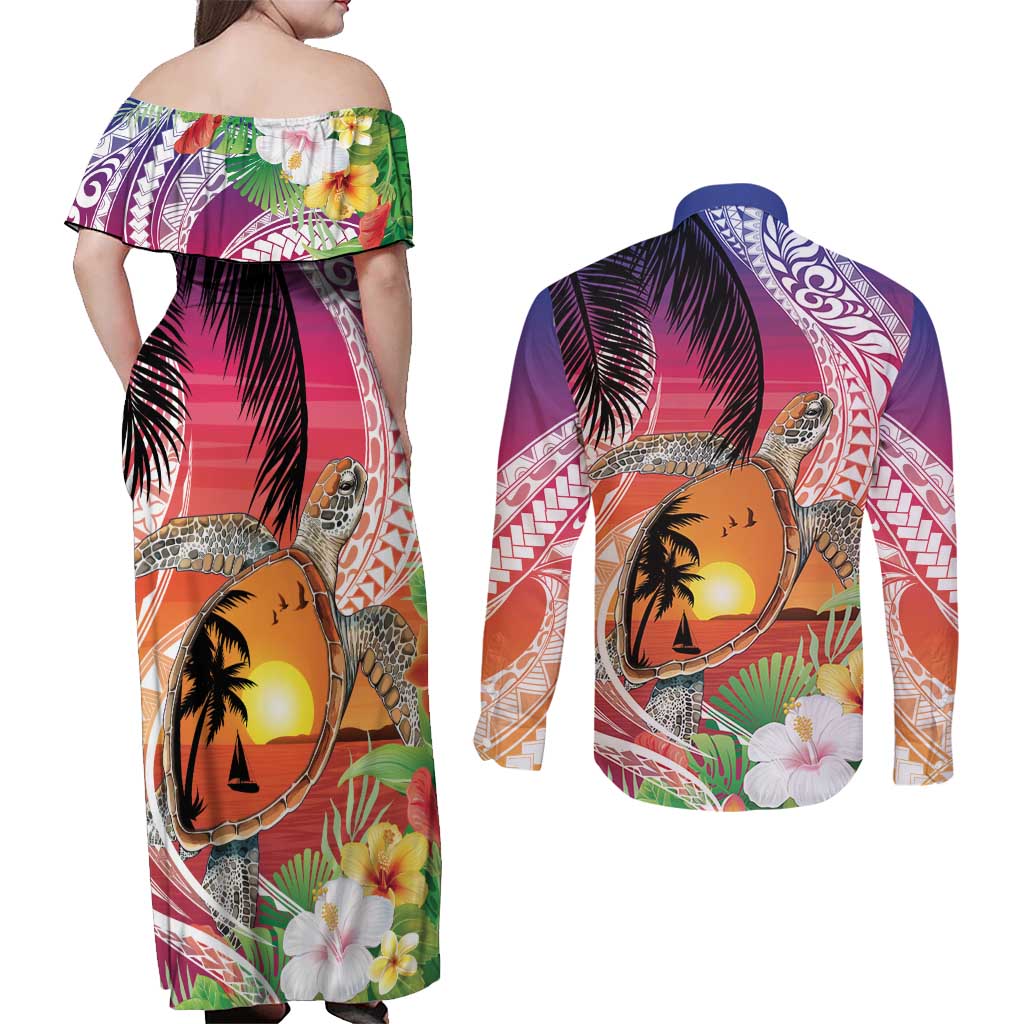 Polynesian Dreamy Turtle Couples Matching Off Shoulder Maxi Dress and Long Sleeve Button Shirt Sunset Scenery LT7 - Polynesian Pride
