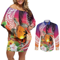 Polynesian Dreamy Turtle Couples Matching Off Shoulder Short Dress and Long Sleeve Button Shirt Sunset Scenery