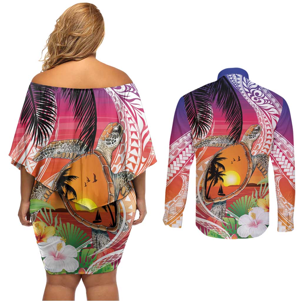 Polynesian Dreamy Turtle Couples Matching Off Shoulder Short Dress and Long Sleeve Button Shirt Sunset Scenery