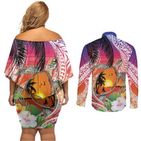 Polynesian Dreamy Turtle Couples Matching Off Shoulder Short Dress and Long Sleeve Button Shirt Sunset Scenery