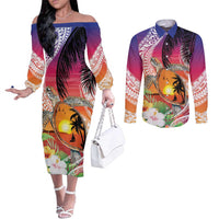 Polynesian Dreamy Turtle Couples Matching Off The Shoulder Long Sleeve Dress and Long Sleeve Button Shirt Sunset Scenery LT7 Art - Polynesian Pride