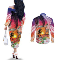 Polynesian Dreamy Turtle Couples Matching Off The Shoulder Long Sleeve Dress and Long Sleeve Button Shirt Sunset Scenery LT7 - Polynesian Pride