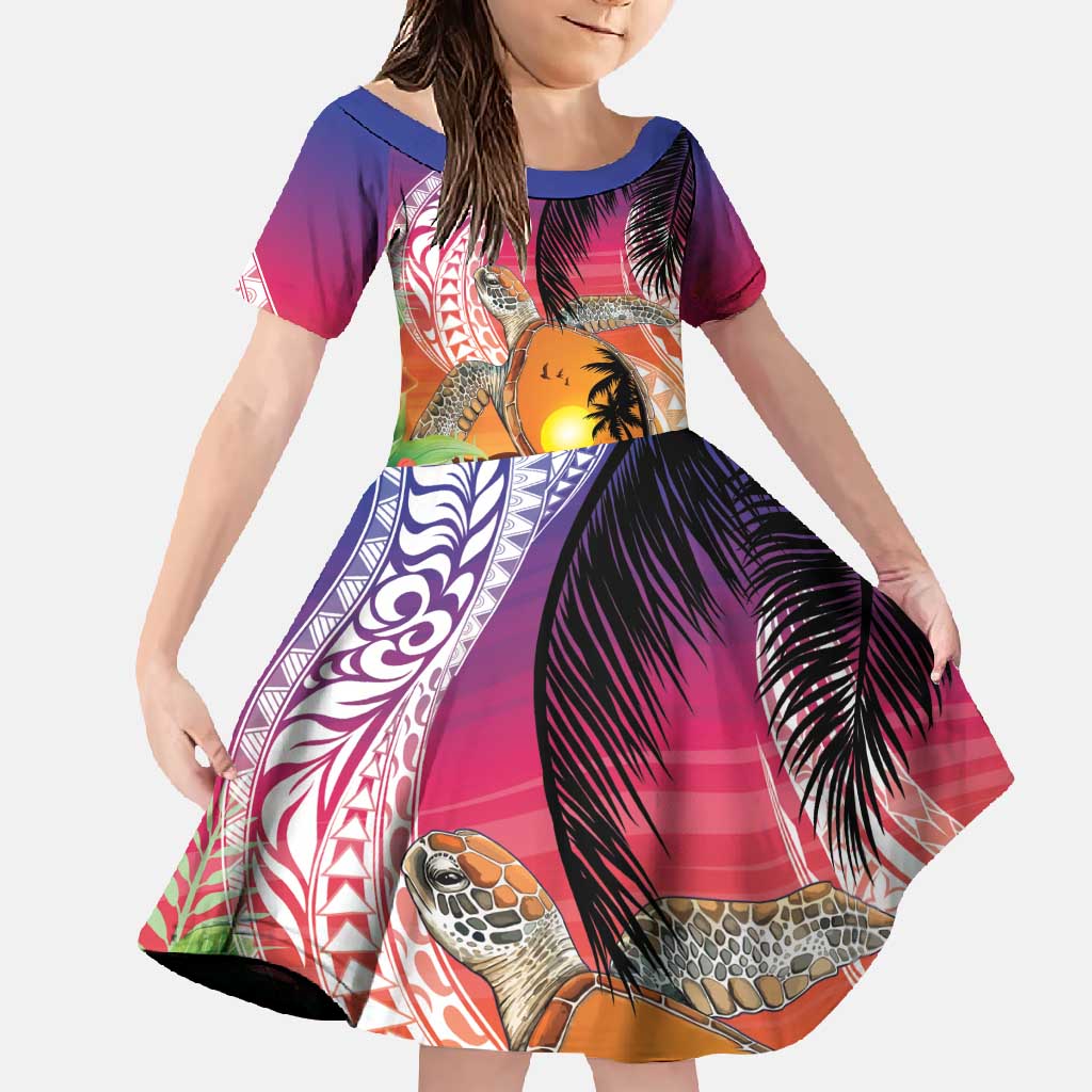 Polynesian Dreamy Turtle Family Matching Long Sleeve Bodycon Dress and Hawaiian Shirt Sunset Scenery LT7 Daughter's Dress Art - Polynesian Pride