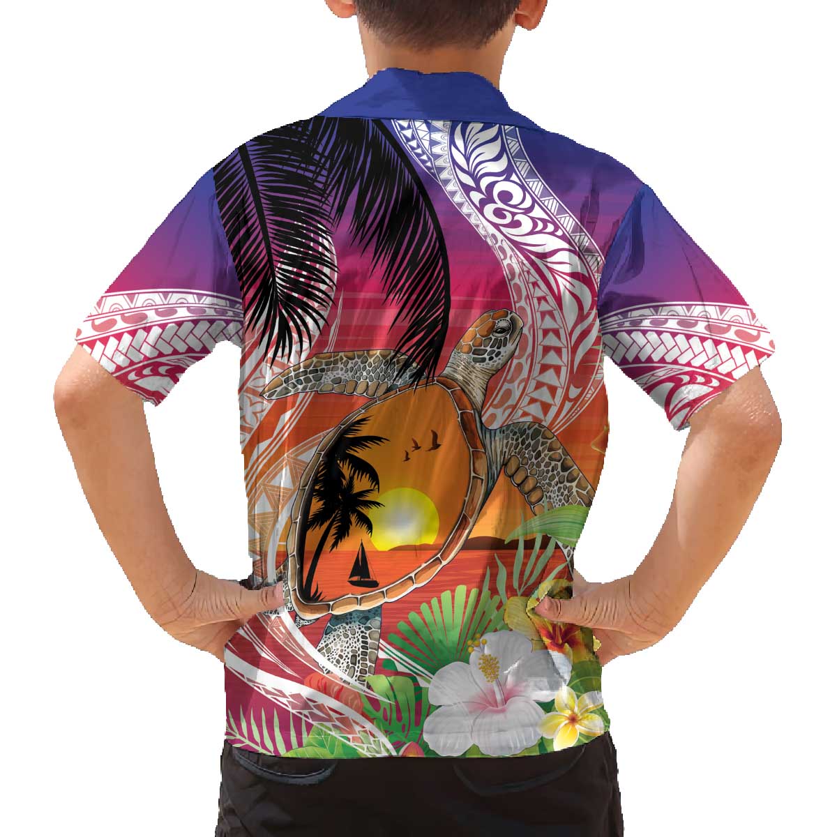Polynesian Dreamy Turtle Family Matching Off The Shoulder Long Sleeve Dress and Hawaiian Shirt Sunset Scenery LT7 - Polynesian Pride