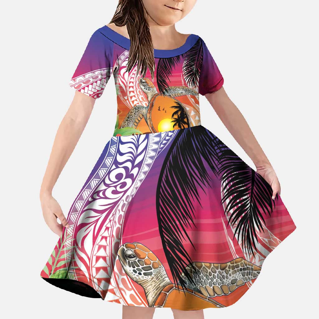 Polynesian Dreamy Turtle Family Matching Off Shoulder Maxi Dress and Hawaiian Shirt Sunset Scenery