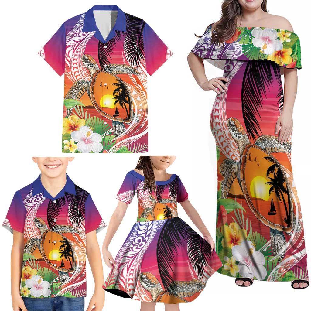 Polynesian Dreamy Turtle Family Matching Off Shoulder Maxi Dress and Hawaiian Shirt Sunset Scenery