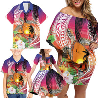 Polynesian Dreamy Turtle Family Matching Off Shoulder Short Dress and Hawaiian Shirt Sunset Scenery
