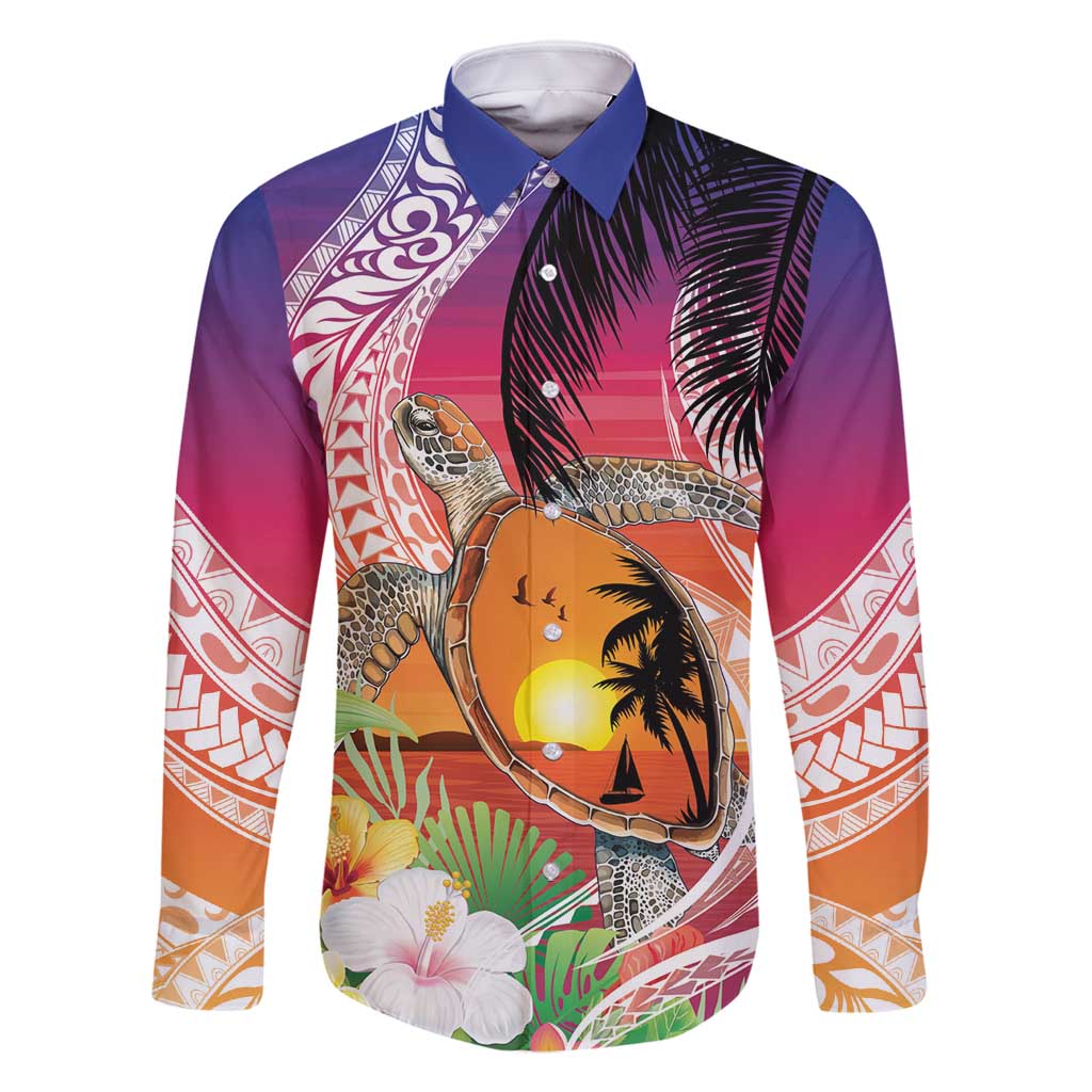 Polynesian Dreamy Turtle Family Matching Off Shoulder Short Dress and Hawaiian Shirt Sunset Scenery
