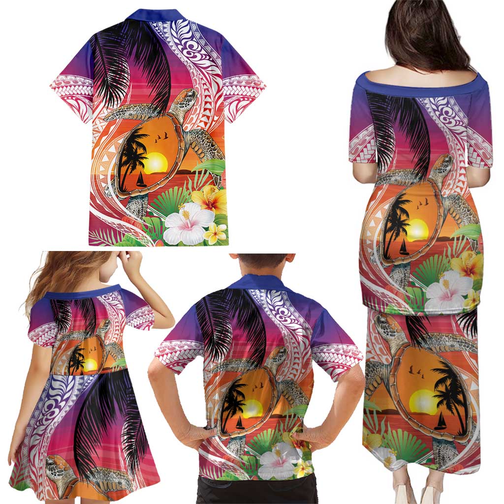 Polynesian Dreamy Turtle Family Matching Puletasi and Hawaiian Shirt Sunset Scenery