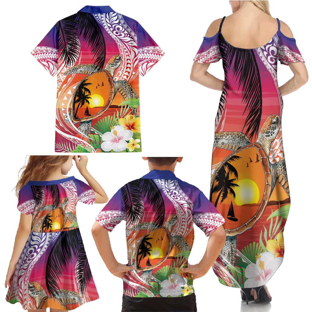 Polynesian Dreamy Turtle Family Matching Summer Maxi Dress and Hawaiian Shirt Sunset Scenery
