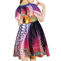 Polynesian Dreamy Turtle Kid Short Sleeve Dress Sunset Scenery