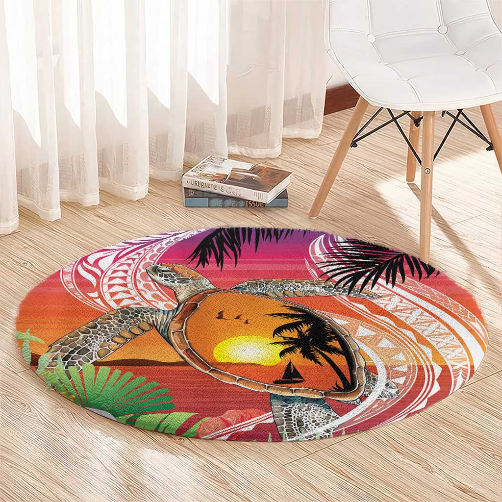 Polynesian Dreamy Turtle Round Carpet Sunset Scenery