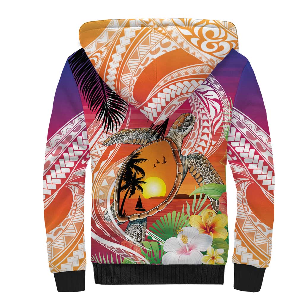 Polynesian Dreamy Turtle Sherpa Hoodie Sunset Scenery