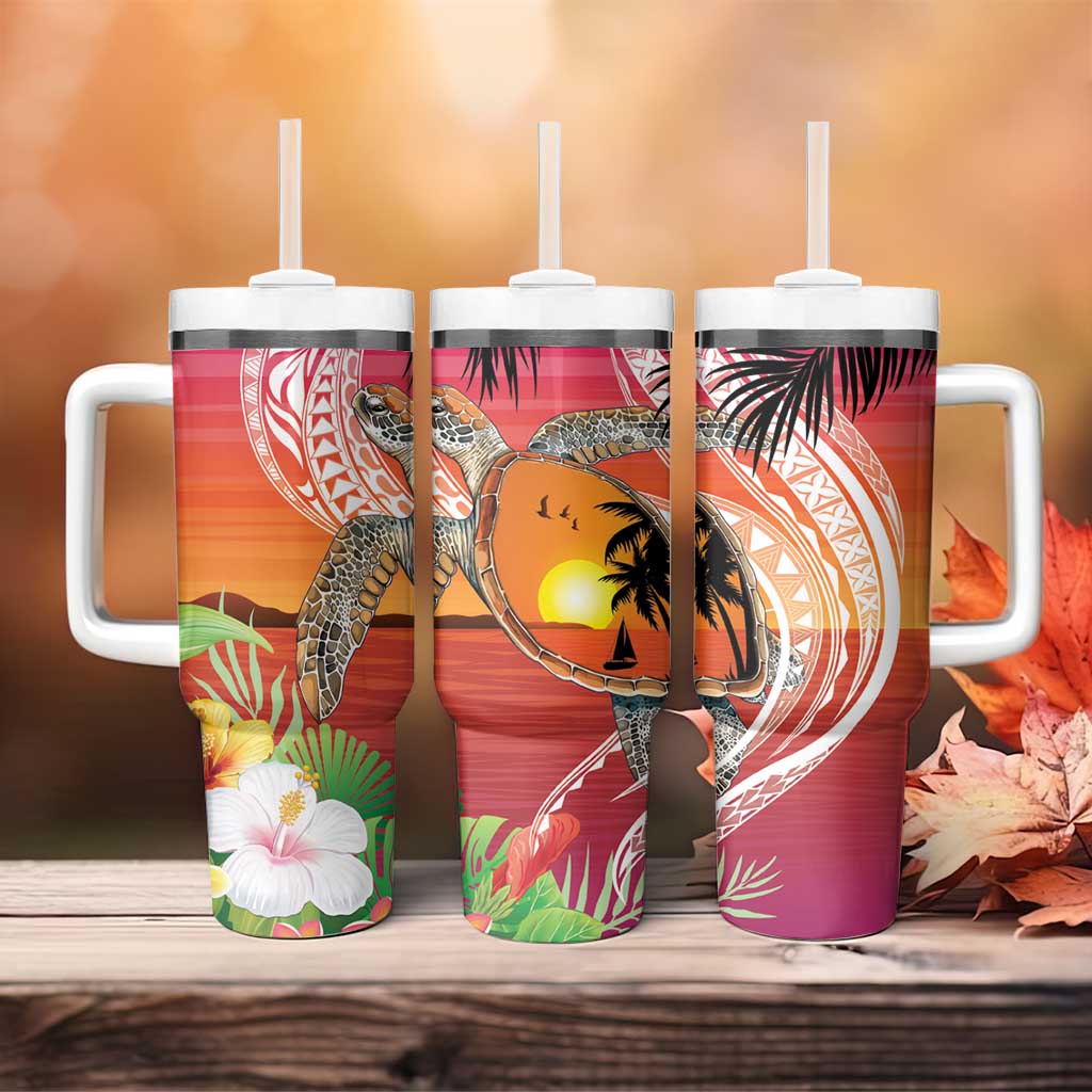 Polynesian Dreamy Turtle Tumbler With Handle Sunset Scenery