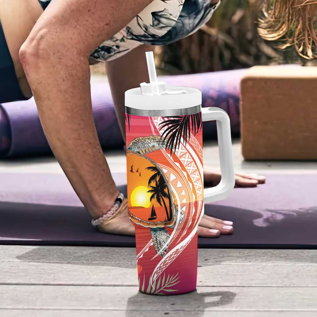 Polynesian Dreamy Turtle Tumbler With Handle Sunset Scenery