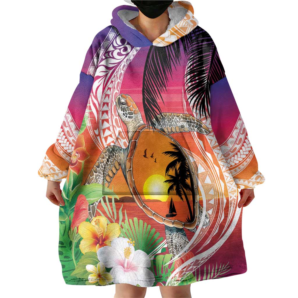Polynesian Dreamy Turtle Wearable Blanket Hoodie Sunset Scenery