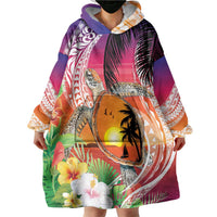 Polynesian Dreamy Turtle Wearable Blanket Hoodie Sunset Scenery