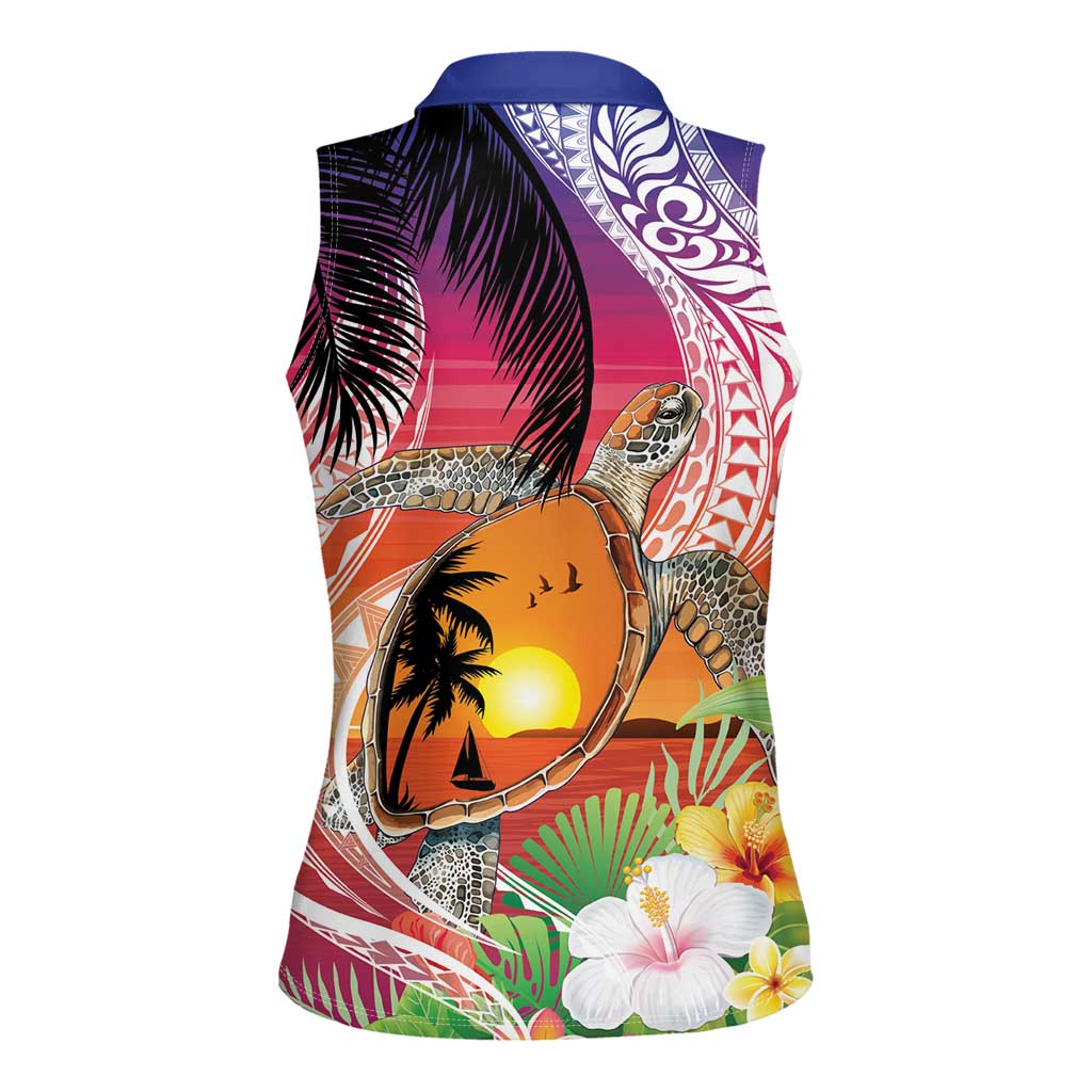 Polynesian Dreamy Turtle Women Sleeveless Polo Shirt Sunset Scenery