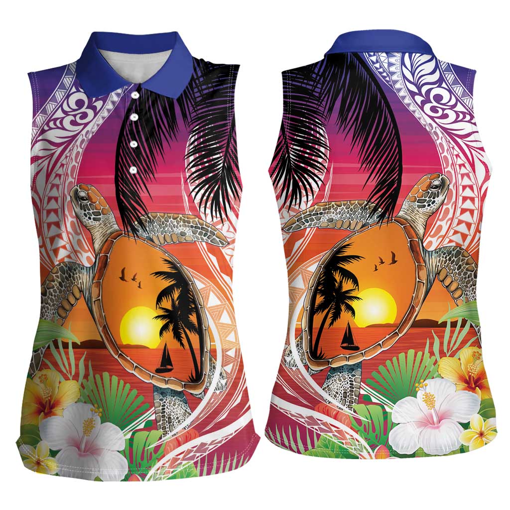 Polynesian Dreamy Turtle Women Sleeveless Polo Shirt Sunset Scenery