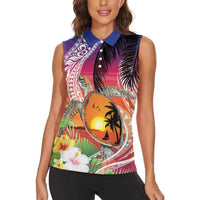 Polynesian Dreamy Turtle Women Sleeveless Polo Shirt Sunset Scenery