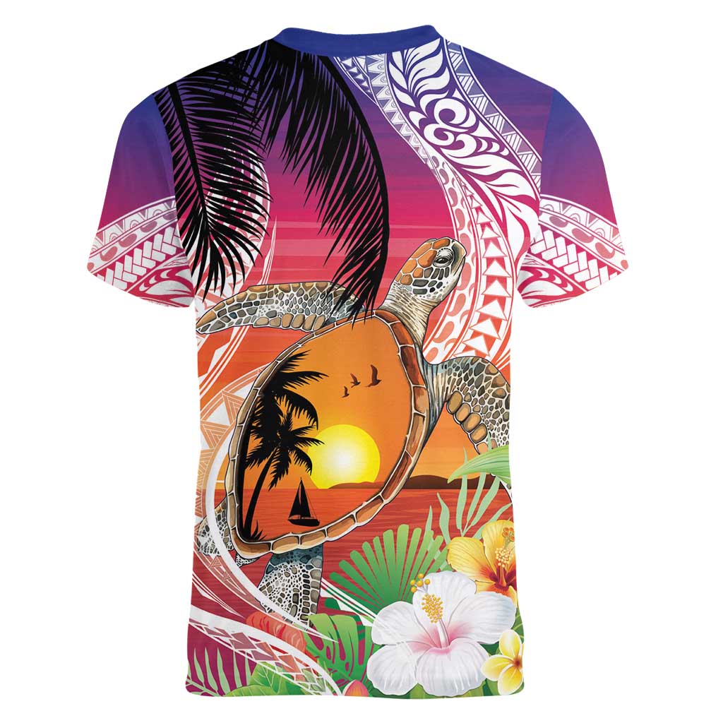Polynesian Dreamy Turtle Women V-Neck T-Shirt Sunset Scenery