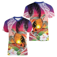 Polynesian Dreamy Turtle Women V-Neck T-Shirt Sunset Scenery