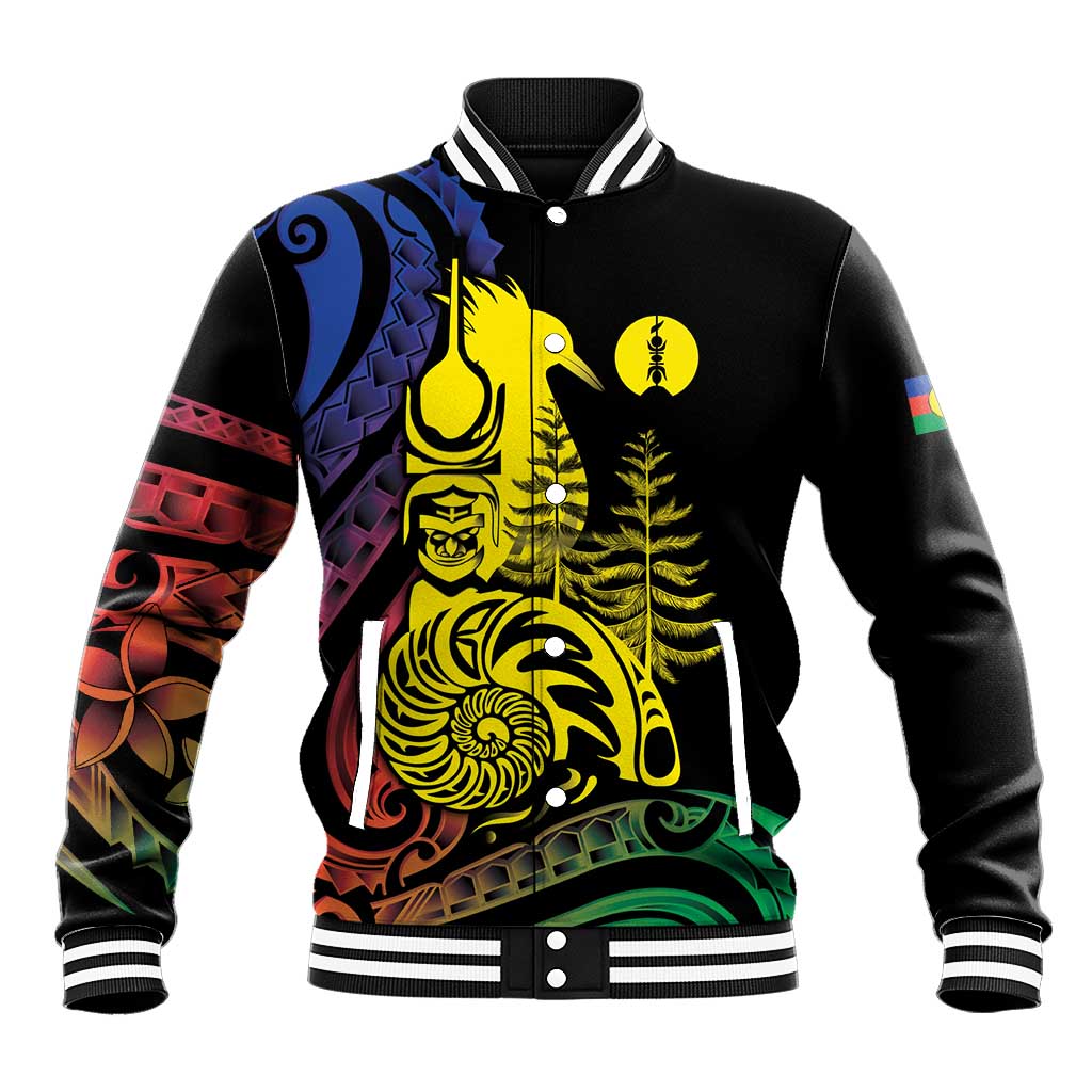 New Caledonia Kanaky Baseball Jacket Stylized Fleche Faitiere With Kagu Bird LT7 Unisex Black - Polynesian Pride