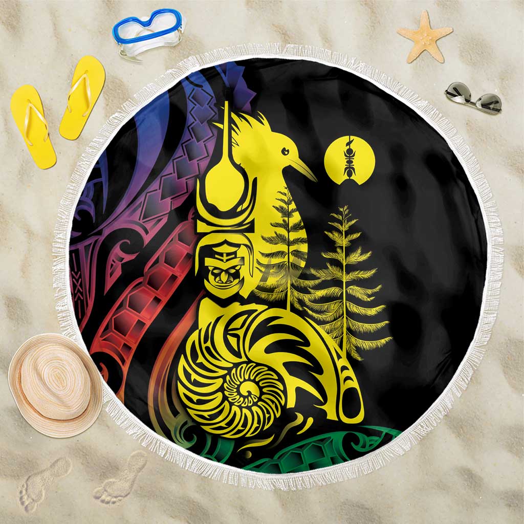 New Caledonia Kanaky Beach Blanket Stylized Fleche Faitiere With Kagu Bird LT7 One Size 150cm Black - Polynesian Pride