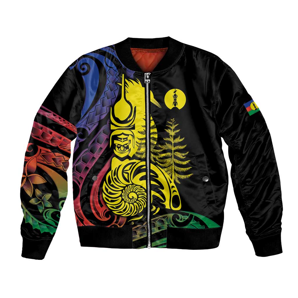 New Caledonia Kanaky Bomber Jacket Stylized Fleche Faitiere With Kagu Bird LT7 Unisex Black - Polynesian Pride