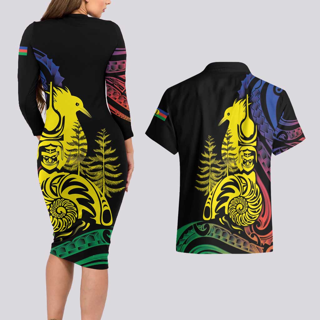 New Caledonia Kanaky Couples Matching Long Sleeve Bodycon Dress and Hawaiian Shirt Stylized Fleche Faitiere With Kagu Bird