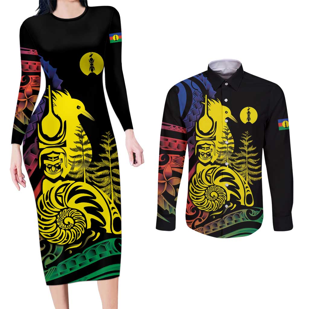 New Caledonia Kanaky Couples Matching Long Sleeve Bodycon Dress and Long Sleeve Button Shirt Stylized Fleche Faitiere With Kagu Bird