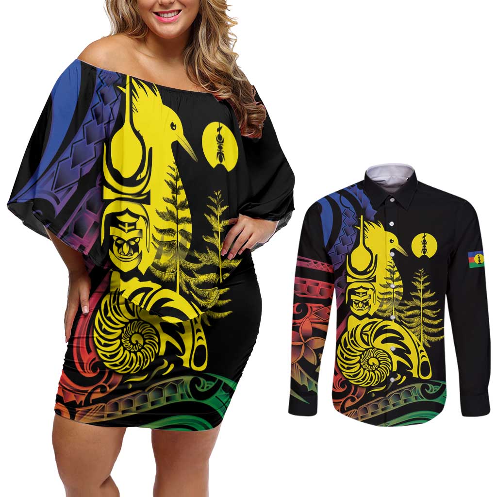 New Caledonia Kanaky Couples Matching Off Shoulder Short Dress and Long Sleeve Button Shirt Stylized Fleche Faitiere With Kagu Bird