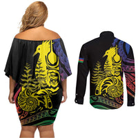 New Caledonia Kanaky Couples Matching Off Shoulder Short Dress and Long Sleeve Button Shirt Stylized Fleche Faitiere With Kagu Bird