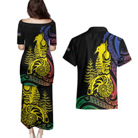 New Caledonia Kanaky Couples Matching Puletasi and Hawaiian Shirt Stylized Fleche Faitiere With Kagu Bird