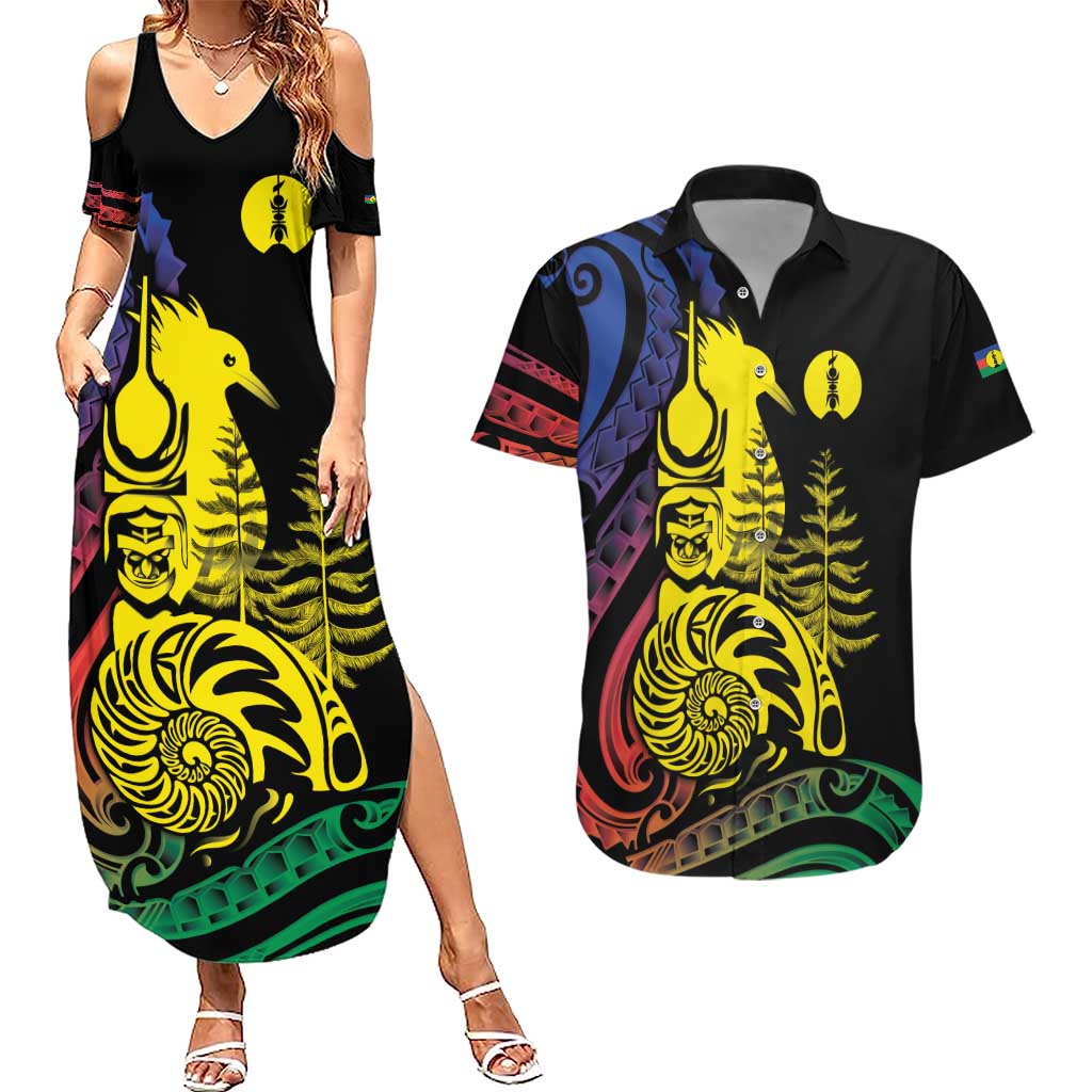 New Caledonia Kanaky Couples Matching Summer Maxi Dress and Hawaiian Shirt Stylized Fleche Faitiere With Kagu Bird