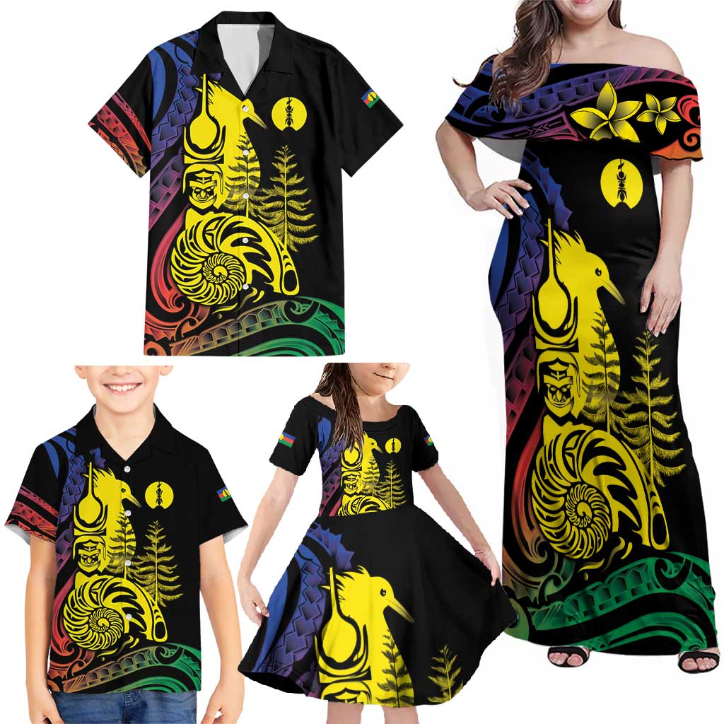 New Caledonia Kanaky Family Matching Off Shoulder Maxi Dress and Hawaiian Shirt Stylized Fleche Faitiere With Kagu Bird