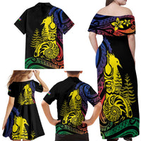 New Caledonia Kanaky Family Matching Off Shoulder Maxi Dress and Hawaiian Shirt Stylized Fleche Faitiere With Kagu Bird