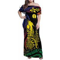 New Caledonia Kanaky Family Matching Off Shoulder Maxi Dress and Hawaiian Shirt Stylized Fleche Faitiere With Kagu Bird