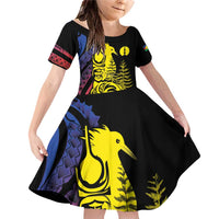 New Caledonia Kanaky Family Matching Off Shoulder Short Dress and Hawaiian Shirt Stylized Fleche Faitiere With Kagu Bird