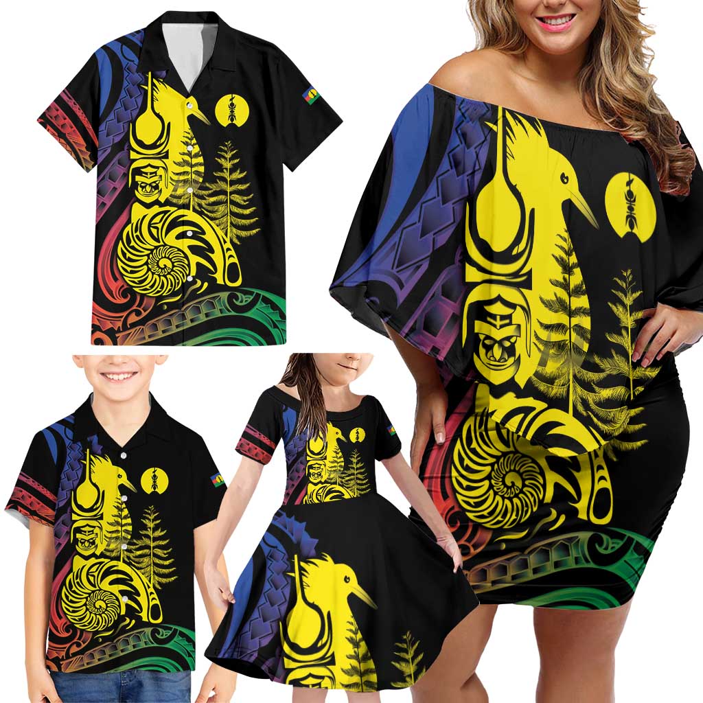 New Caledonia Kanaky Family Matching Off Shoulder Short Dress and Hawaiian Shirt Stylized Fleche Faitiere With Kagu Bird