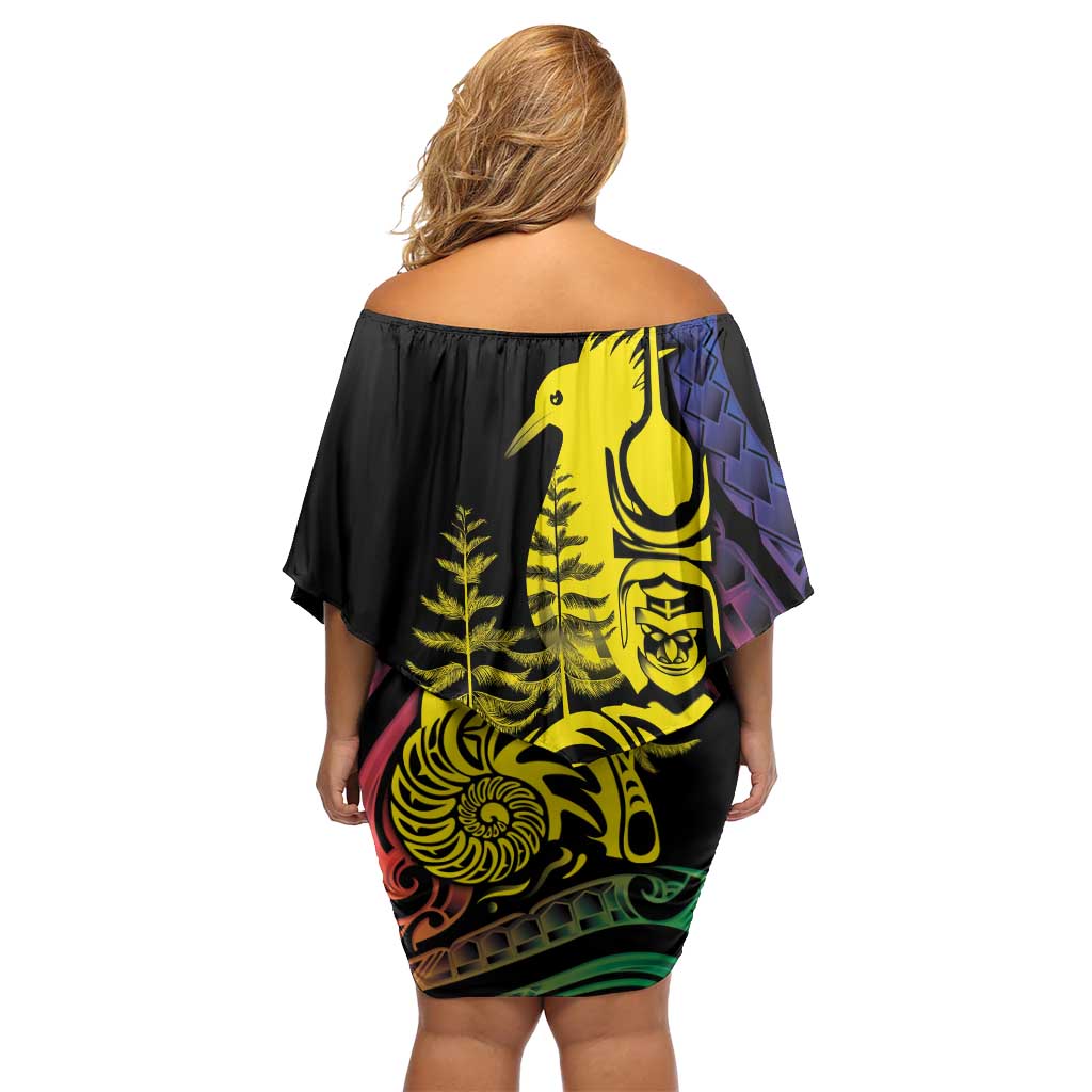 New Caledonia Kanaky Family Matching Off Shoulder Short Dress and Hawaiian Shirt Stylized Fleche Faitiere With Kagu Bird
