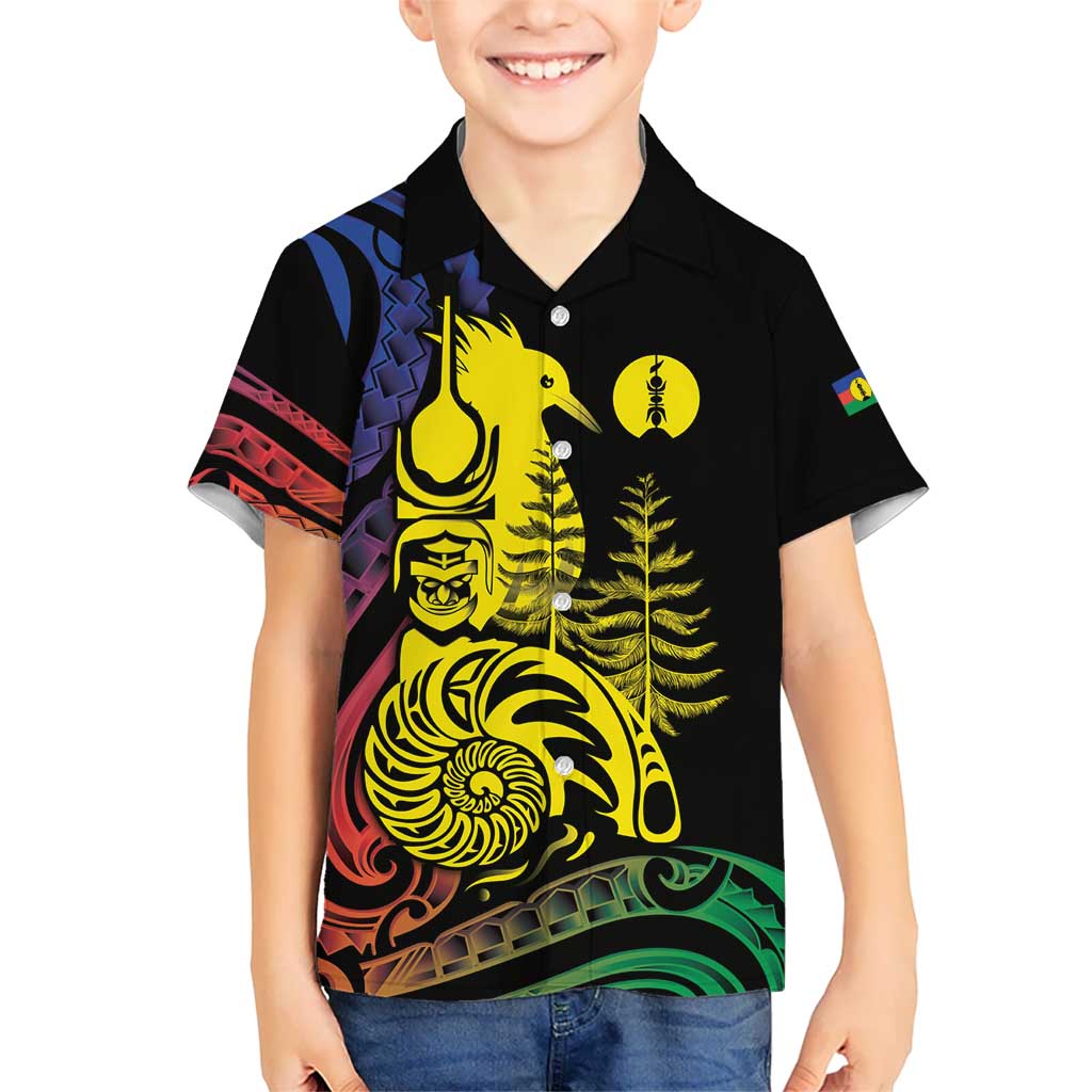 New Caledonia Kanaky Kid Hawaiian Shirt Stylized Fleche Faitiere With Kagu Bird LT7 Kid Black - Polynesian Pride