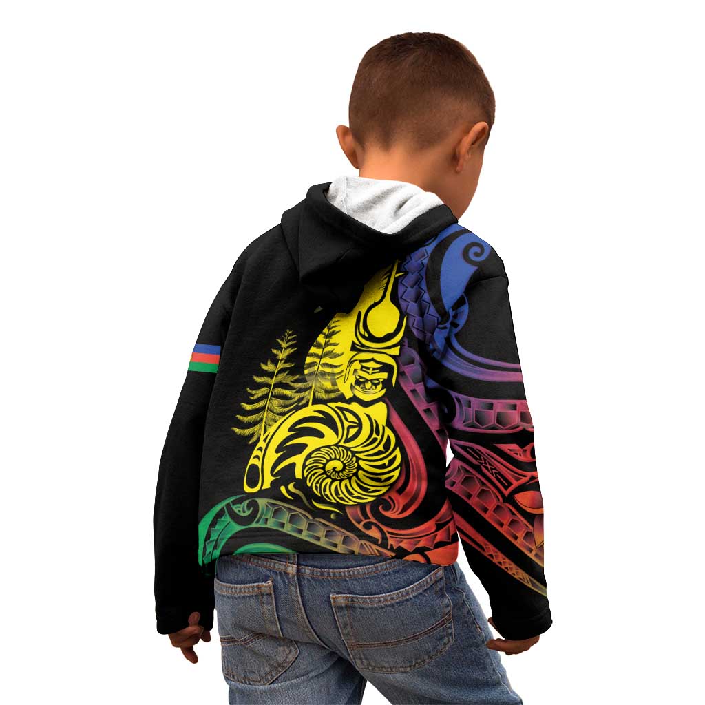 New Caledonia Kanaky Kid Hoodie Stylized Fleche Faitiere With Kagu Bird
