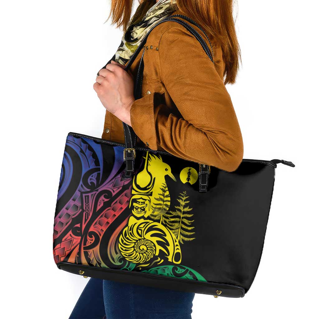 New Caledonia Kanaky Leather Tote Bag Stylized Fleche Faitiere With Kagu Bird LT7 Black - Polynesian Pride