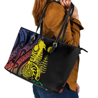 New Caledonia Kanaky Leather Tote Bag Stylized Fleche Faitiere With Kagu Bird